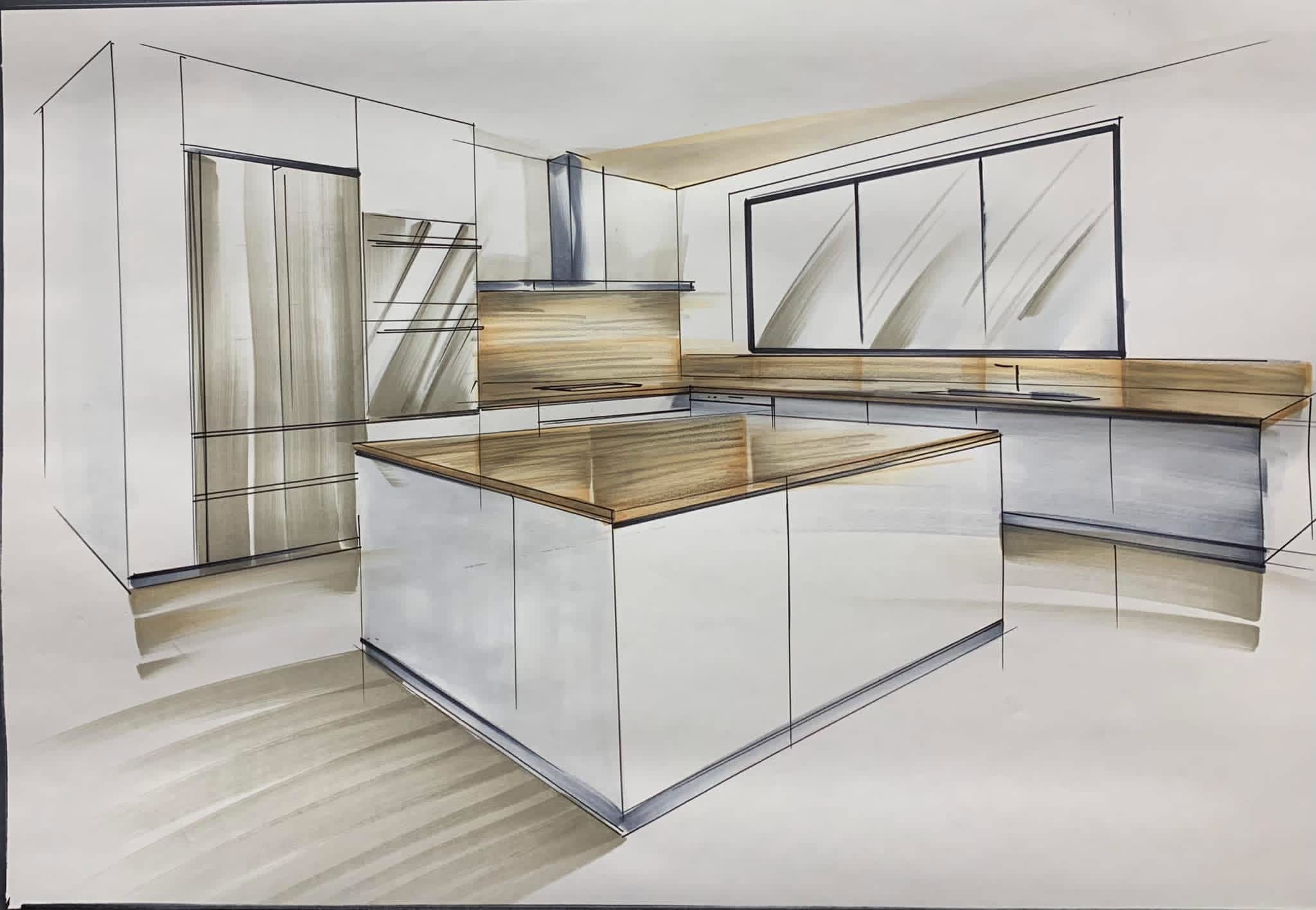 Perspective cuisine à la main avec aquarelle bois — croquis dessiné à la main par Cabinet Negotium Grand Ouest